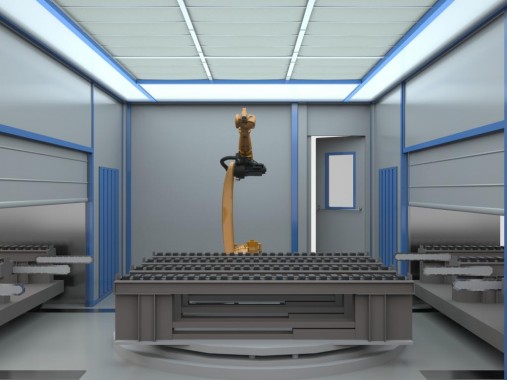 Роботизированная камера окраски SPK для окраски паллет ОСП и ЛДСП Роботизированная камера окраски SPK для окраски паллет ОСП и ЛДСП