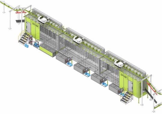 Автоматическая линия порошковой окраски с монорельсовым конвейером и химической подготовкой поверхности SPK Автоматическая линия порошковой окраски SPK GROUP с монорельсовым конвейером и химической подготовкой поверхности