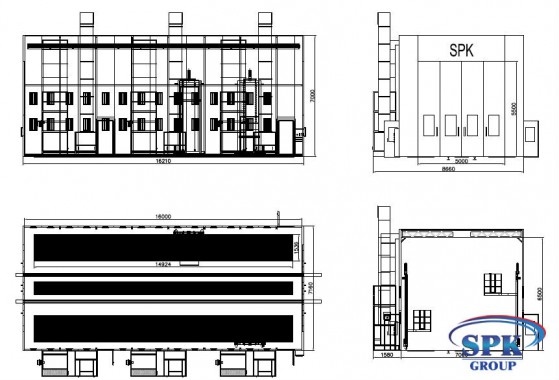 Окрасочно-сушильная камера для сварных металлоконструкций с тележкой SPK 16x7x6 Окрасочно-сушильная камера для сварных металлоконструкций с тележкой SPK GROUP